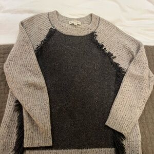 White + Warren Grey Fringe 100% Cashmere Sweater Size Large